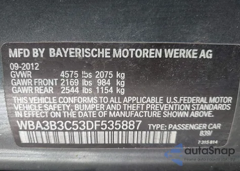 2013 BMW 328I xDrive from USA, damaged, VIN WBA3B3C53DF535887